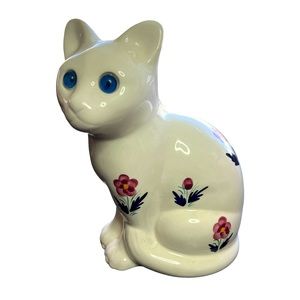 Vintage Alcobaca Ceramic Porcelain Cat Figure Painted Flowers Blue Eyes.